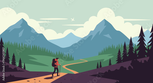 Hiker walking a winding path in a serene mountain forest landscape under blue sky with clouds