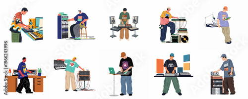 Collection of flat illustrations depicting male music producers and DJs working with various professional audio equipment and synthesizers in studio environments.
