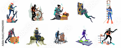 Set of vector illustrations featuring scuba divers exploring shipwrecks, finding treasure chests, and examining marine artifacts in various underwater scenes.