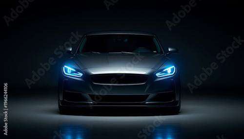 Frontal view of a modern luxury silver car with bright blue LED headlights on a dark background in a professional studio setting.