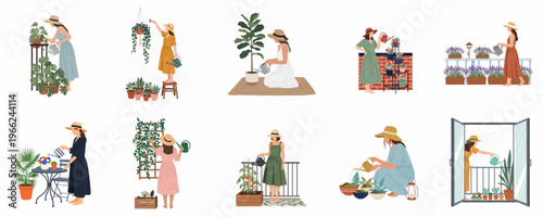 Vector illustration set of women in dresses and straw hats watering plants and gardening in different indoor, balcony, and terrace settings.