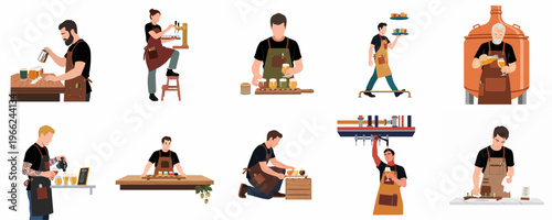 A comprehensive collection of flat illustrations featuring professional brewery staff, including brewers, bartenders, and servers performing various tasks in a craft beer pub.