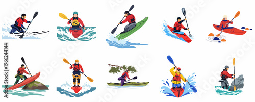 A collection of flat vector illustrations featuring diverse people kayaking and canoeing through white water rapids and calm rivers with various equipment.