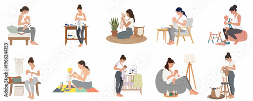 Flat vector illustrations depicting various scenes of a mother's daily routine with her baby, including breastfeeding, changing, and playing at home.