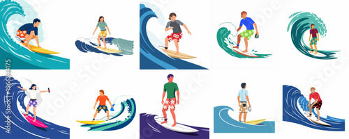Flat design vector set featuring people surfing on big waves, male and female surfers in various poses and styles.