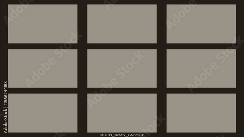 Minimalist 3x3 grid layout with nine rectangular placeholder frames in neutral taupe and dark brown