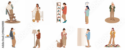 A collection of flat vector illustrations depicting mothers tenderly caring for their newborn babies in various nursery and domestic home settings.