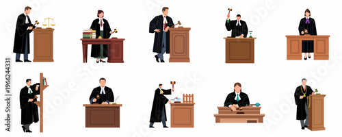 Diverse collection of male and female judge characters in black robes holding gavels and standing at courtroom benches for law and justice concepts.