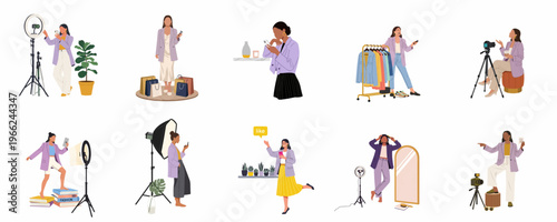 Flat Vector Illustration Set of Diverse Women Fashion Influencers and Content Creators Recording Vlogs and Taking Photos for Social Media Marketing