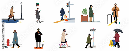 Flat vector illustration set of people wearing face masks and practicing social distancing in an urban city environment during a pandemic.