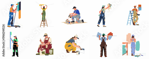 Set of Flat Illustrations Depicting Professional House Painters Performing Various Home Renovation and Decoration Tasks