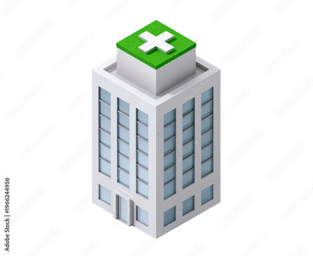 Fototapeta premium Hospital building displaying green medical cross on transparent background PNG