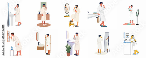 Set of flat illustrations showing men in white bathrobes brushing teeth and performing morning grooming routines in various bathroom settings.