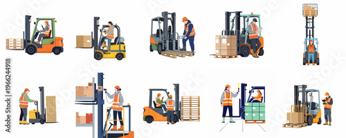 Flat illustration set of diverse warehouse workers operating forklifts, managing inventory, and handling cargo in a logistics distribution center.