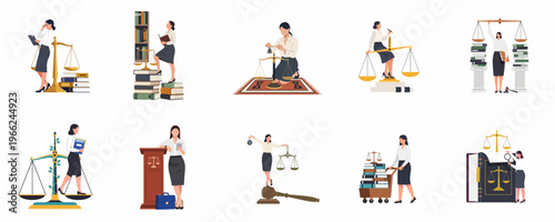 Set of flat vector illustrations featuring professional women in legal roles, interacting with scales of justice, law books, and gavels on white background.