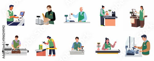 Set of flat vector illustrations featuring diverse supermarket cashiers working at various checkout stations, scanning items, packing bags, and processing customer payments.