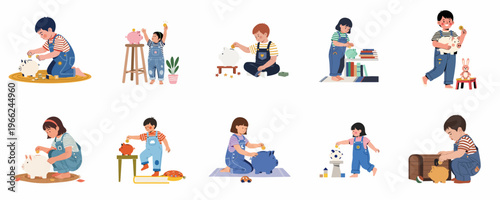 Collection of Illustrative Vector Scenes Showing Diverse Young Children Learning to Save Money Using Colorful Piggy Banks and Coins