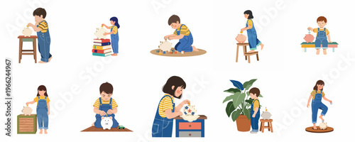 Illustrations of children in blue overalls putting coins into piggy banks, teaching financial literacy, savings, and money management in a cute vector style.