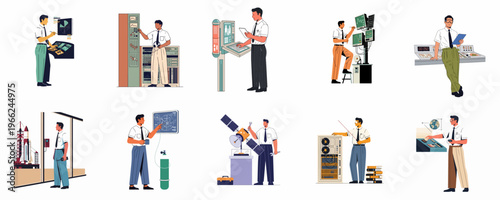 Collection of vintage-style illustrations depicting male scientists and engineers in various technical, laboratory, and aerospace control room settings.