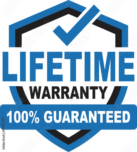 Lifetime Warranty Badge Vector with Shield and Check Mark 100% Guaranteed Quality Label, Premium Guarantee Icon, Trust Badge Design for Business, Certification Stamp Illustration