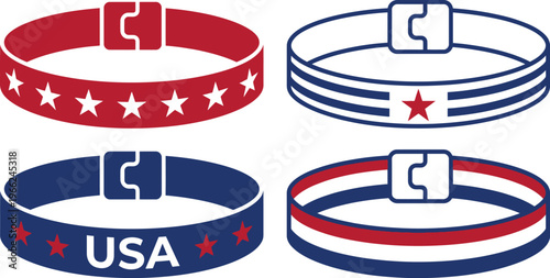 Four distinct silicone wristbands displaying patriotic themes, including stars and the word USA, are presented on a white surface.