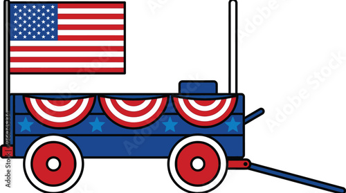 Wooden wagon decorated with American flag bunting and a large United States flag is ready for a patriotic parade.