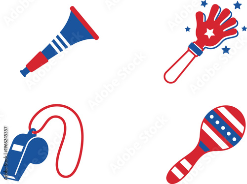 Assorted patriotic noisemakers including a horn, clapper, whistle, and maraca are displayed on a white background.