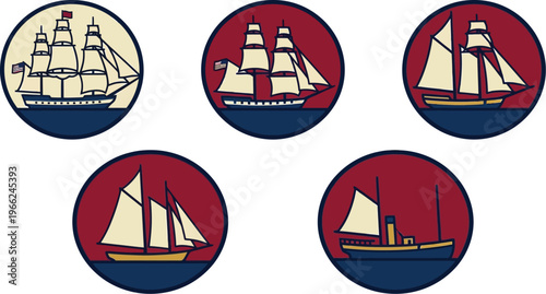 Five different historical and contemporary maritime vessels are presented inside circular badges with a dark red background for emblems.