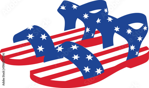 Pair of casual summer sandals adorned with American flag patterns including stars and red and white stripes are displayed flatly.