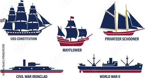 Five distinct historical and modern ship silhouettes are displayed in a row against a white background for maritime education.