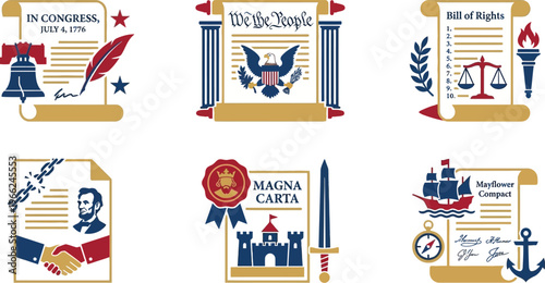 Collection of stylized icons representing foundational American historical documents and legal concepts are arranged for patriotic display.