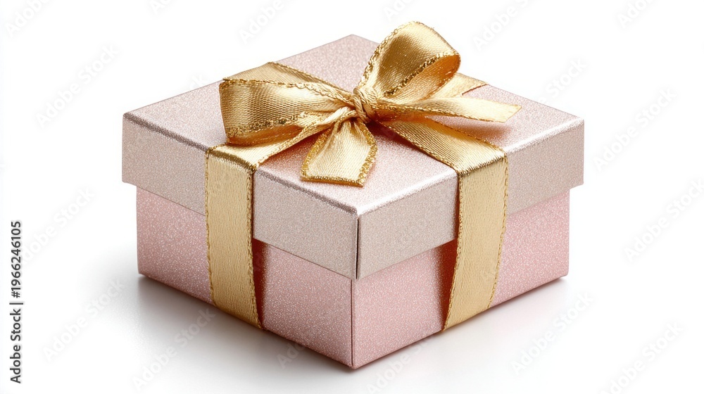 Obraz premium Elegant pink gift box with shimmering gold ribbon and bow on a white background