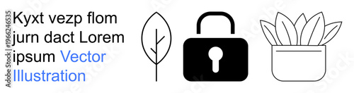 Eco-friendly living, sustainable development, privacy protection, minimalism, nature conservation, home decor. A lock, leaf and potted plant in a minimalist design. Eco-friendly living and privacy