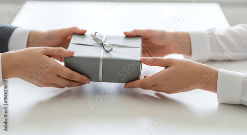 Business professionals exchanging gift box with ribbon in office setting