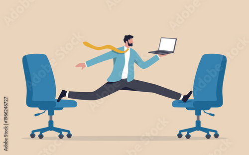 Flat illustration of a person jumping between two office chairs, holding a laptop in their hand
