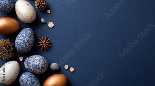 A collection of decorated Easter eggs and natural elements on a dark blue background