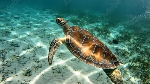 Sea Turtle Swimming Underwater in Clear Ocean.
