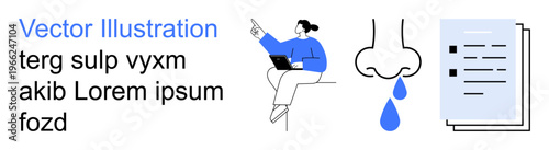 Remote work, health issues, medical services, communication, business productivity, documentation. Person with laptop, runny nose symbol papers. Remote work and health issues concept