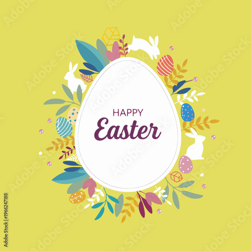 Easter greeting invitation card with with decorated eggs, spring flowers, folk ornaments. Pastel yellow vector illustration for seasonal celebration, festive poster, ads, cover, t-shirt print, invite