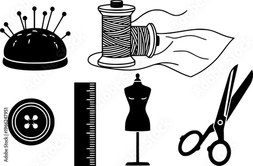 Sewing tools icons: pincushion, thread, fabric, button, ruler, mannequin, scissors
