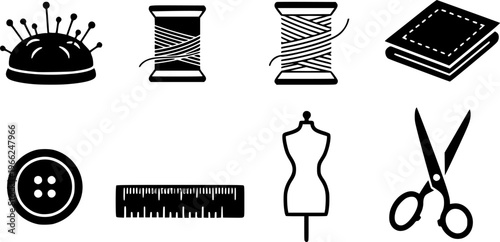 Sewing tools icons: pincushion, thread, fabric, button, ruler, mannequin, scissors
