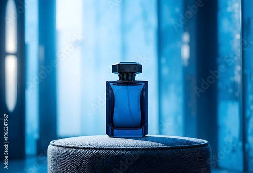 Elegant Blue Perfume Bottle Displayed on a Pedestal in a Futuristic Setting