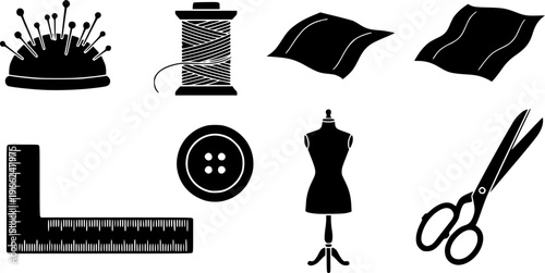 Sewing tools icons: pincushion, thread, fabric, button, ruler, mannequin, scissors
