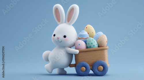 A cute white bunny pushing a cart filled with colorful Easter eggs on a blue background