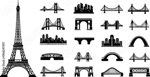 Bridge and architecture icons including eiffel tower and cityscape designs
