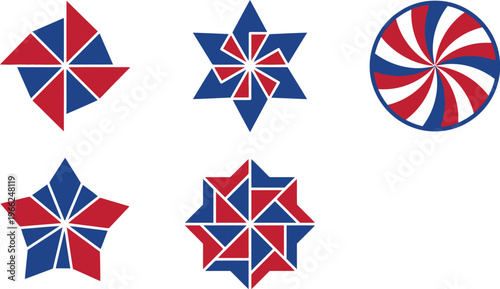 Five geometric patterns utilizing red, white, and blue triangles form star and circular shapes for patriotic design.