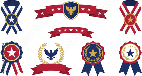 Various patriotic award ribbons, seals, and banners featuring stars and eagles are displayed against a white background.
