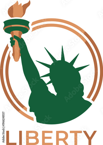 A circular logo design featuring the silhouette of the Statue of Liberty holding a torch framed by two concentric rings.