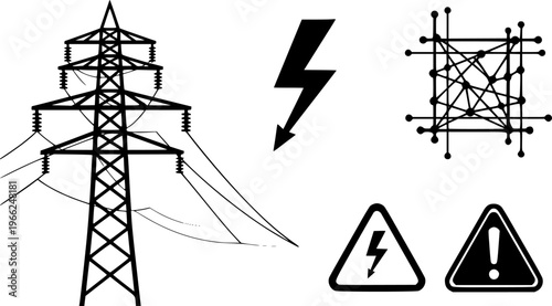 Power line icons: electricity, transmission, high voltage, grid, warning signs
