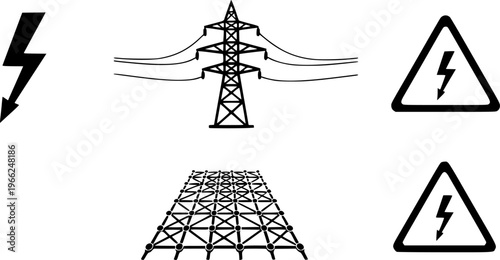 Power line icons: electricity, transmission, high voltage, grid, warning signs
